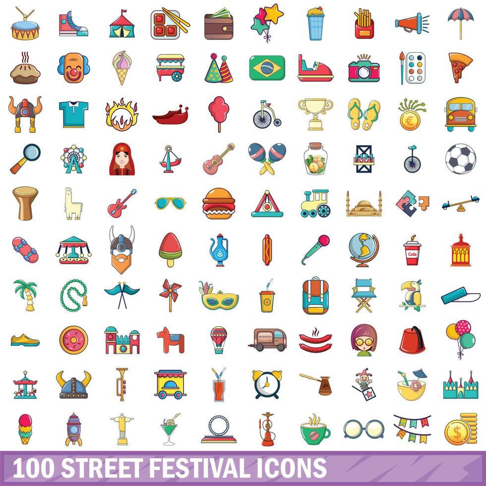 100 festival de la calle, conjunto de iconos de estilo de dibujos animados vector