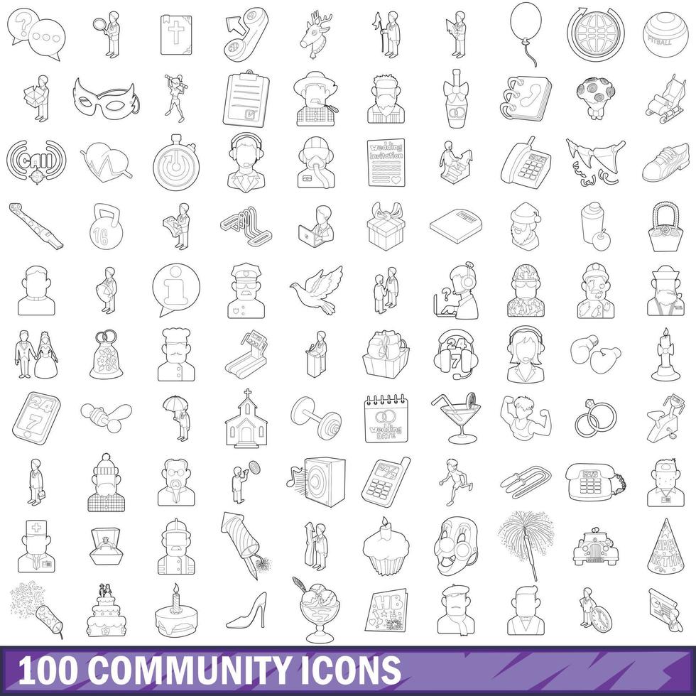 100 community cloud icons set, outline style vector