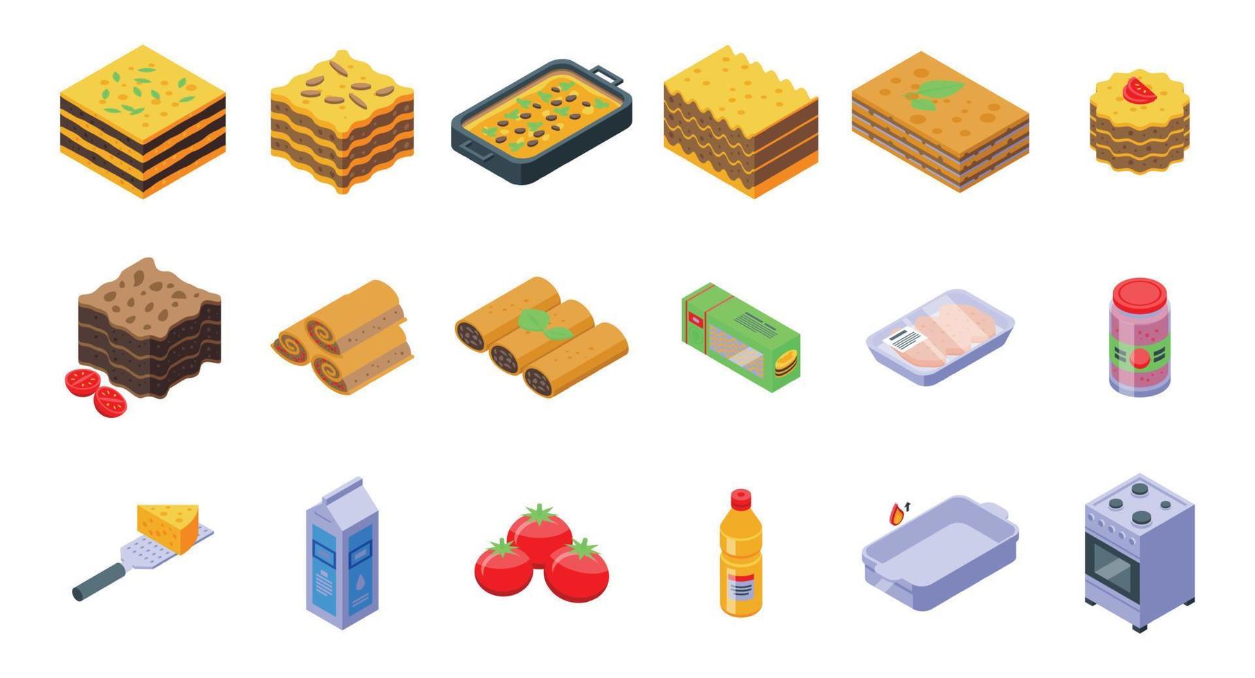 Lasagna icons set isometric vector. Cannelloni cuisine vector