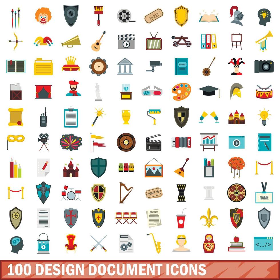 100 design document icons set, flat style vector