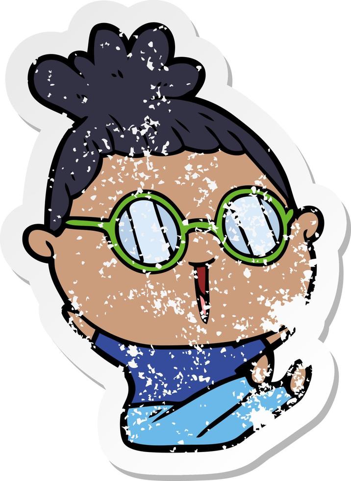 distressed sticker of a cartoon woman wearing spectacles vector