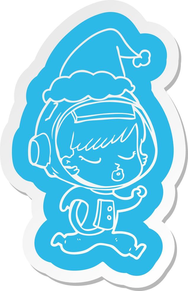 cartoon  sticker of a pretty astronaut girl running wearing santa hat vector