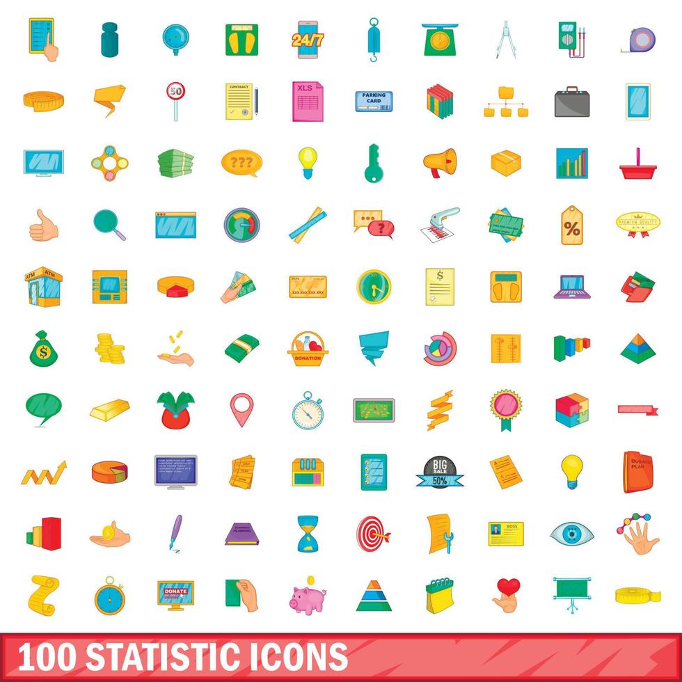 100 statistic icons set, cartoon style vector