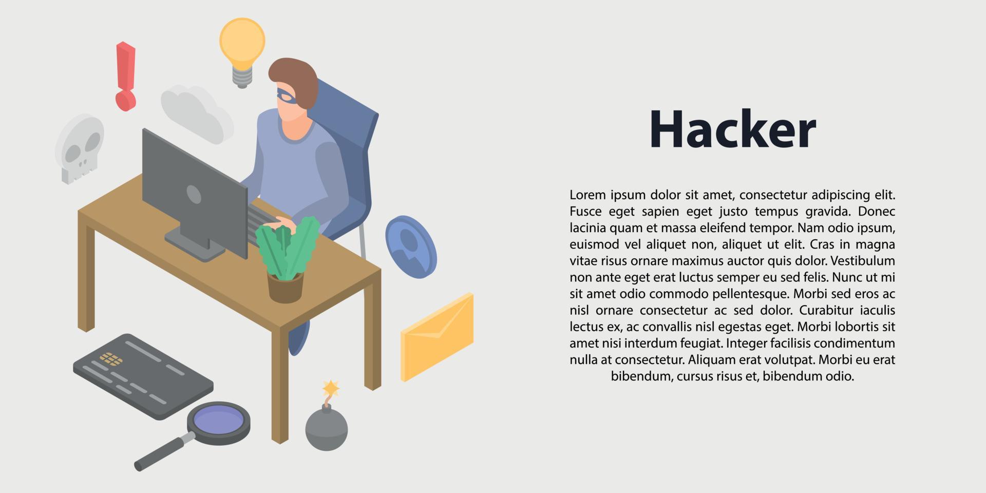 Hacker concept banner, isometric style vector