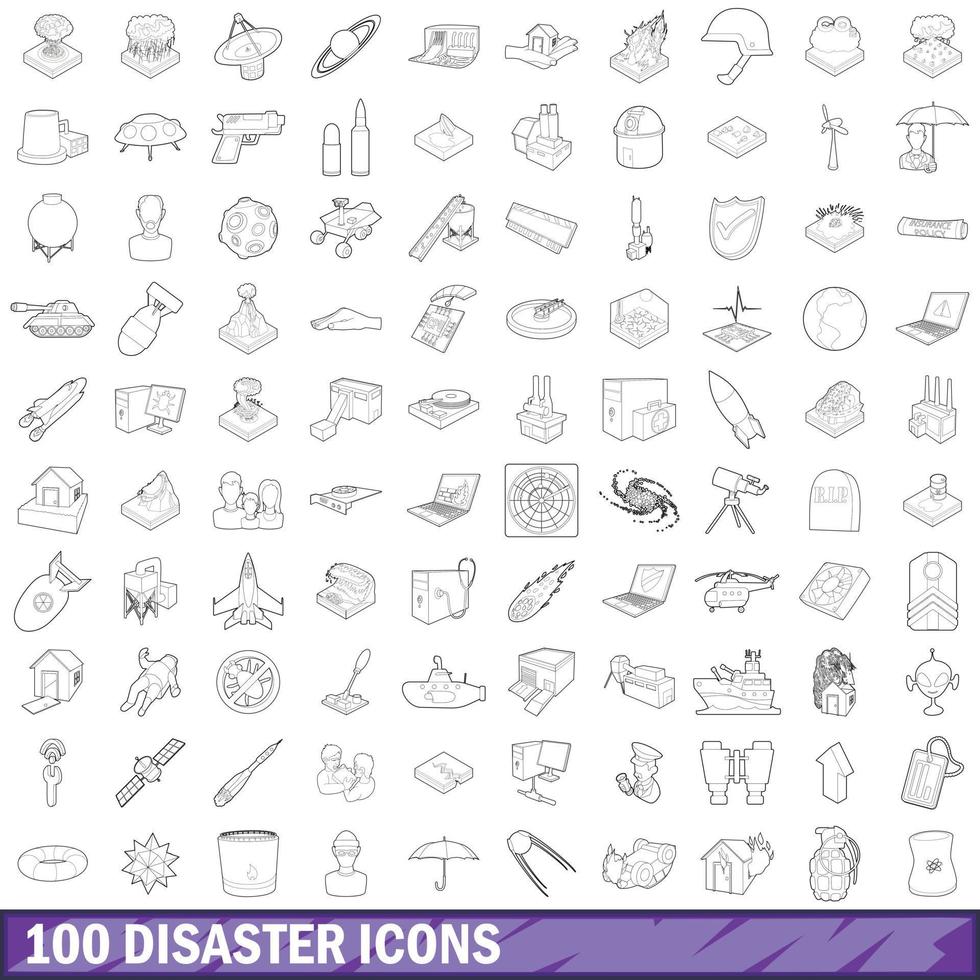 100 disaster icons set, outline style vector