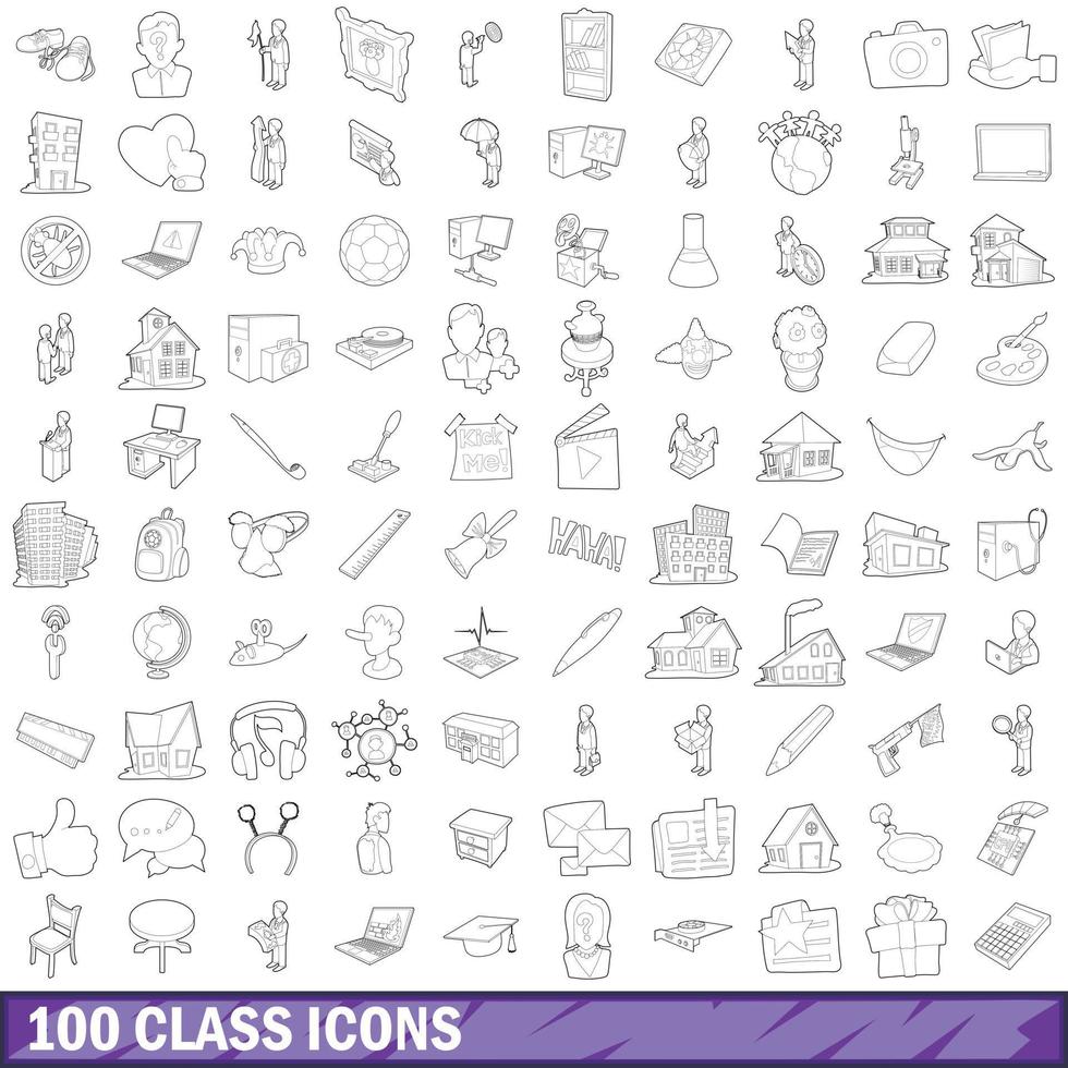 100 class icons set, outline style vector