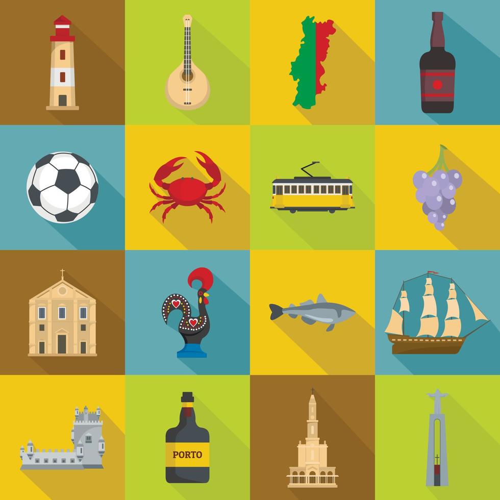 conjunto de iconos de viaje portugal, estilo plano vector