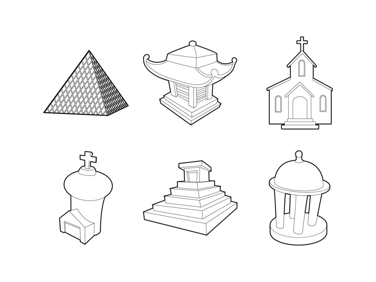 conjunto de iconos de templo, estilo de esquema vector