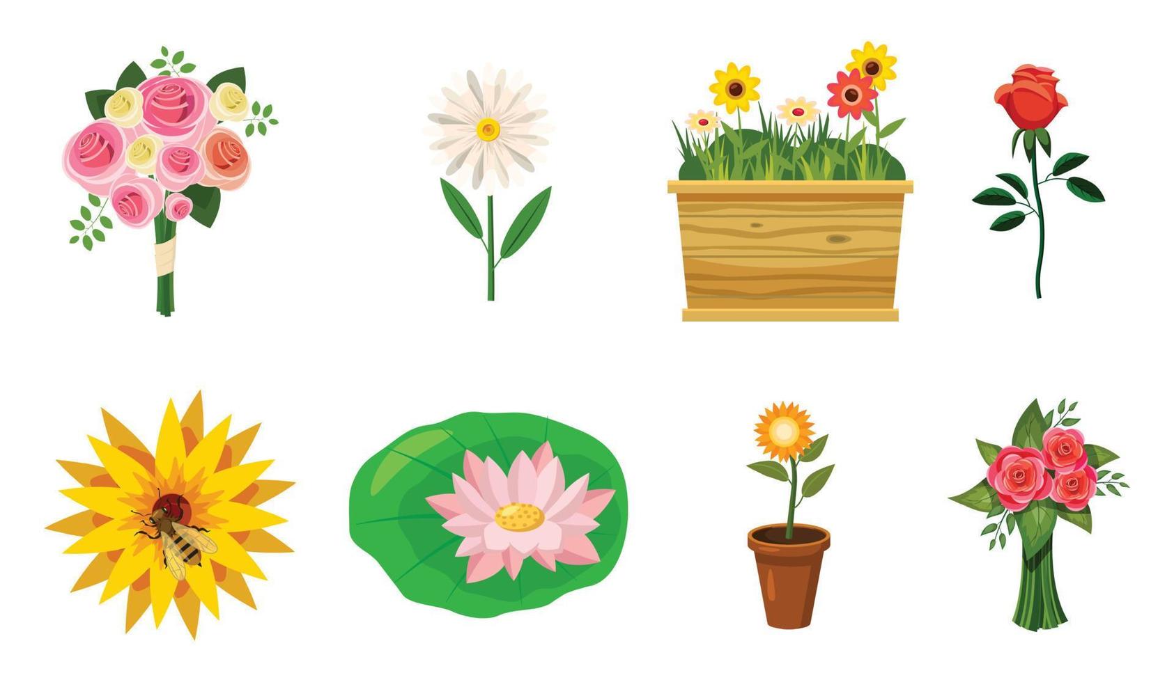 Flower icon set, cartoon style vector