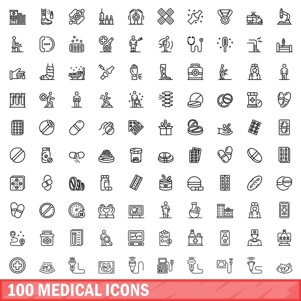 100 medical icons set, outline style vector