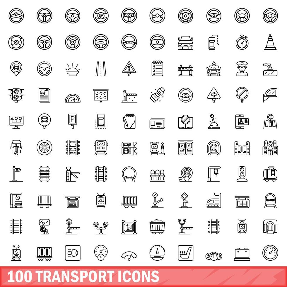 100 transport icons set, outline style vector