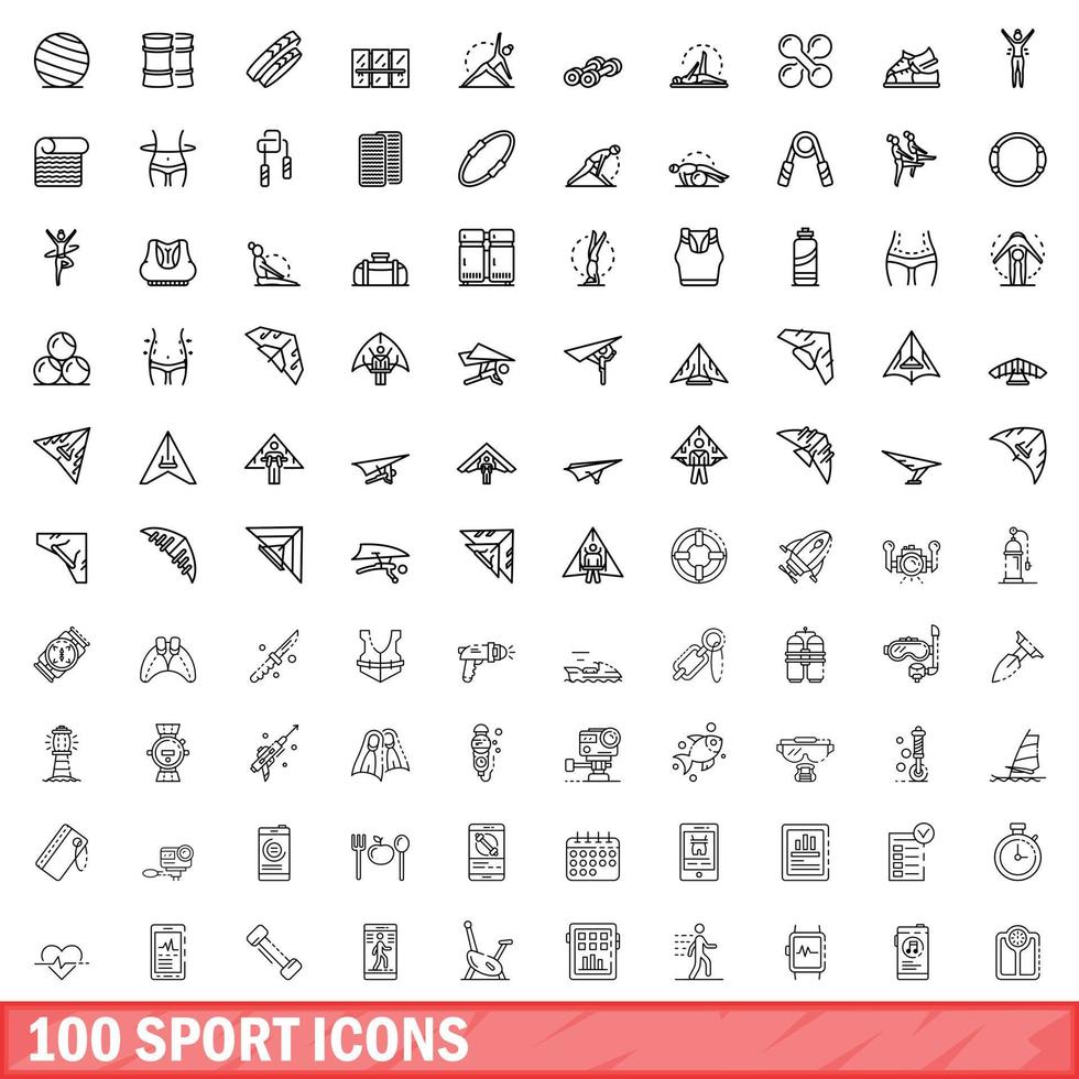 100 sport icons set, outline style vector