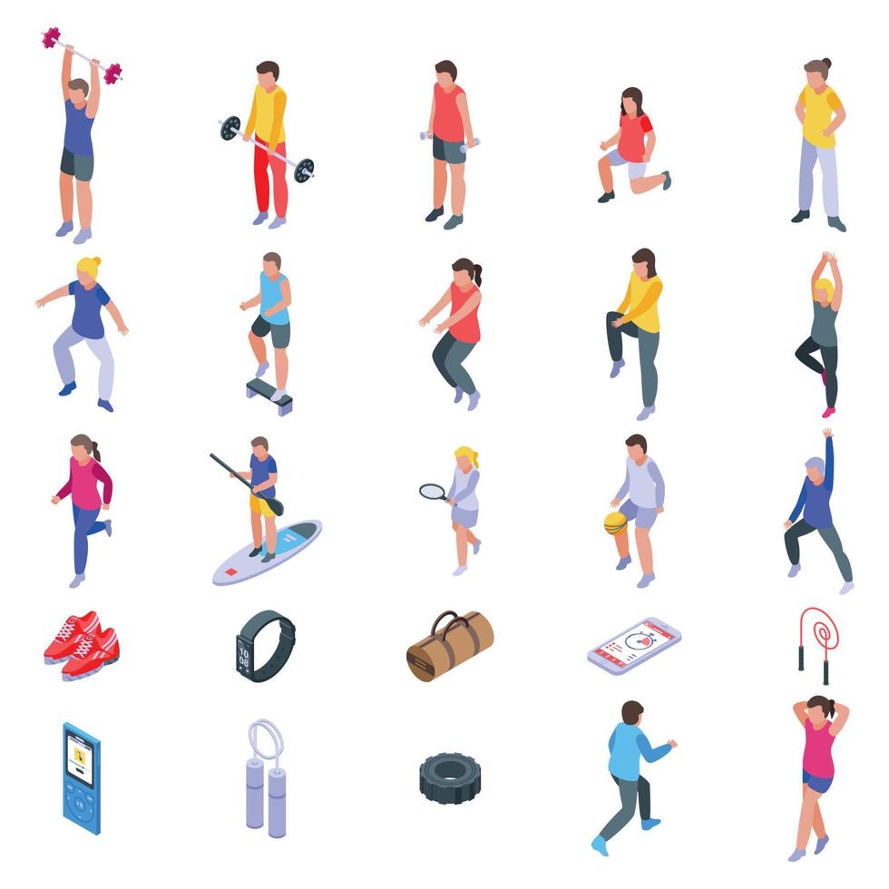 Physical activity icons set, isometric style vector