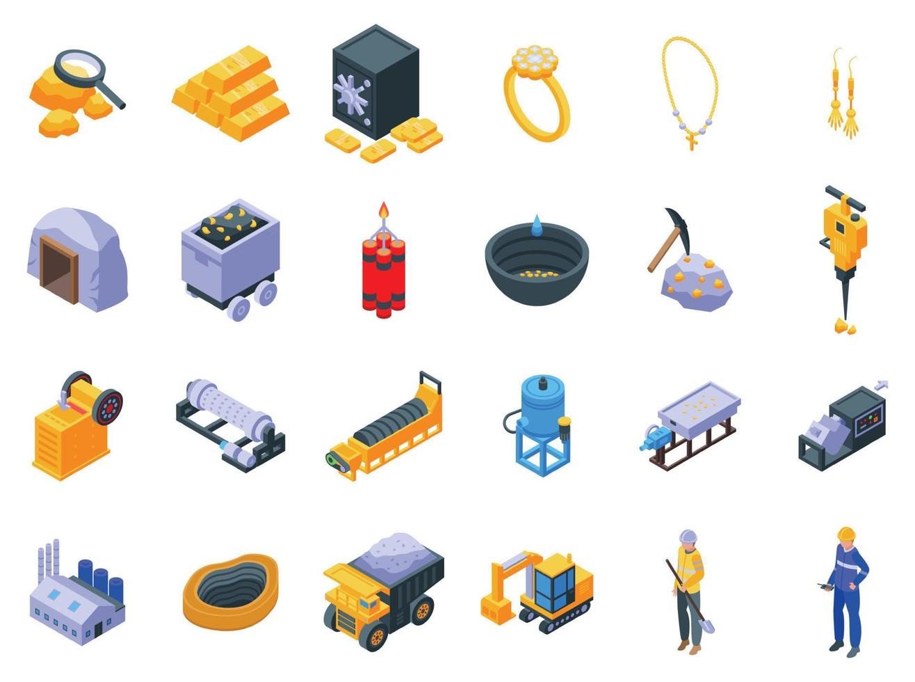 Gold mining icons set isometric vector. Golden mine vector