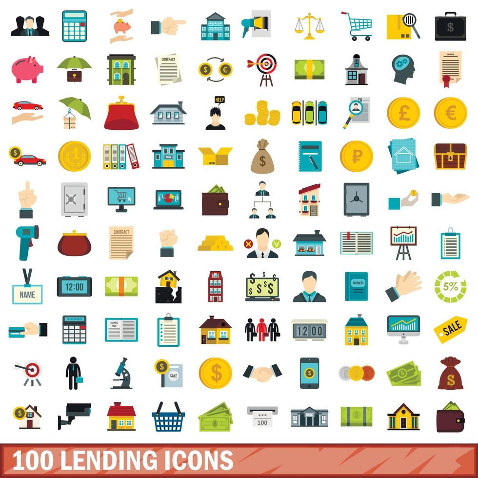 100 lending icons set, flat style vector