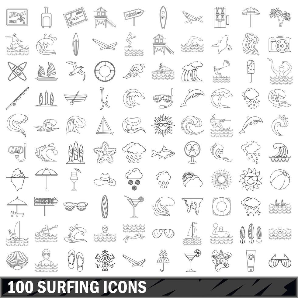 100 surfing icons set, outline style vector