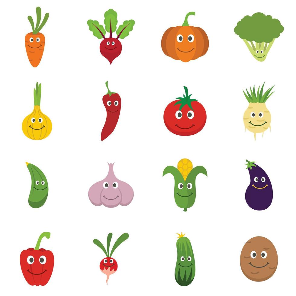 conjunto de iconos de verduras sonrientes vector plano