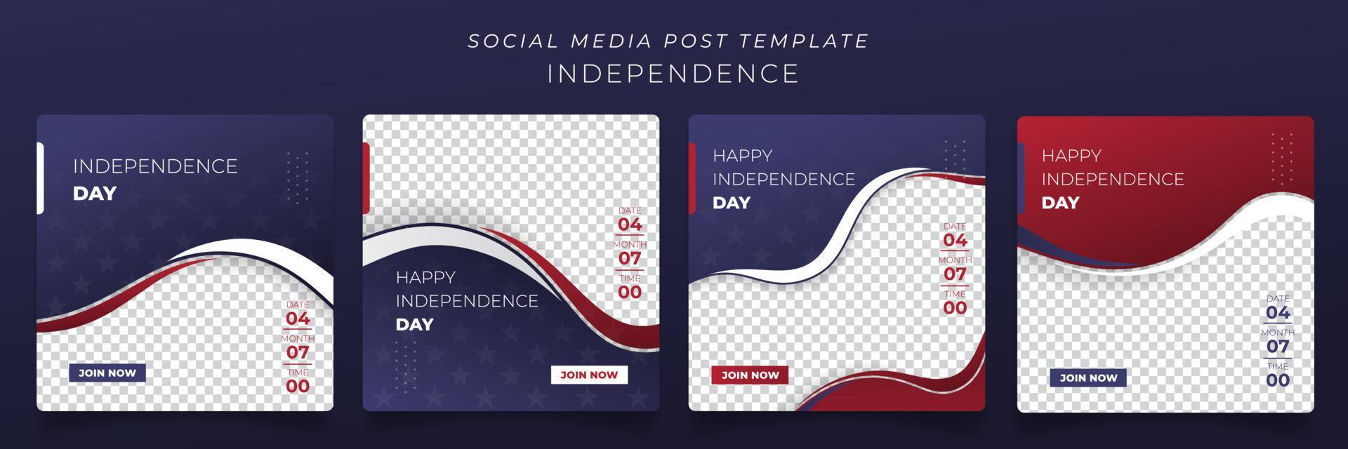 Set of social media post template with blue red and white background for US independence day design vector