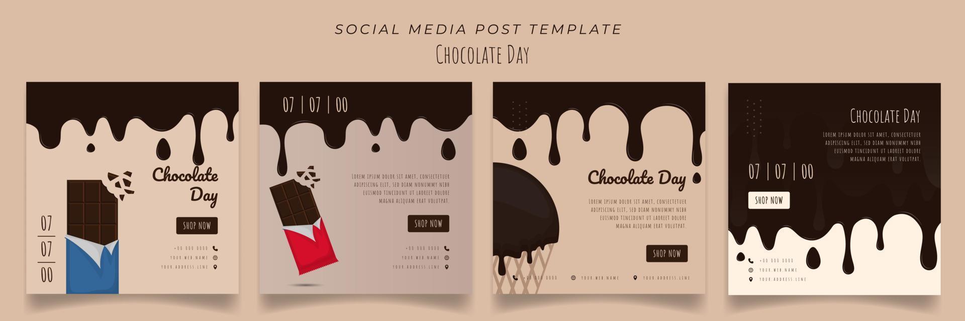 Set of social media post template in brown background and melted chocolate for advertising design vector