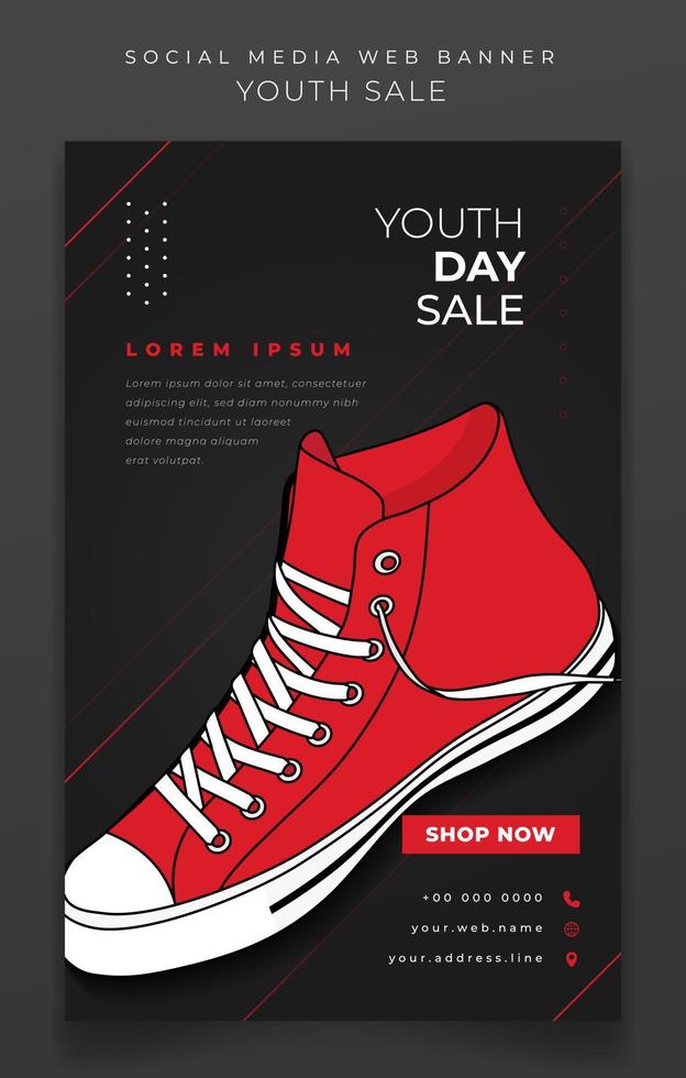 Portrait banner design with red sneaker in dark background for online advertising design vector