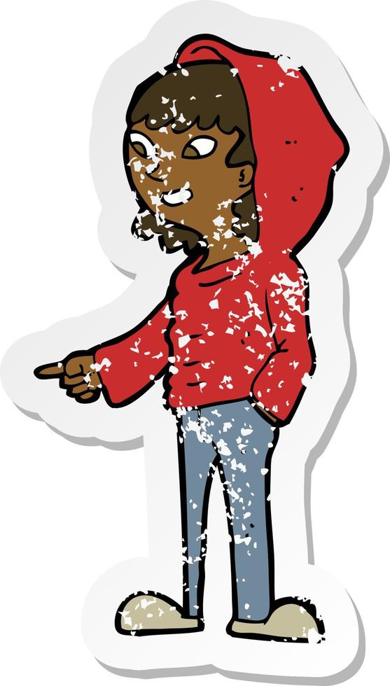 retro distressed sticker of a cartoon pointing teenager vector