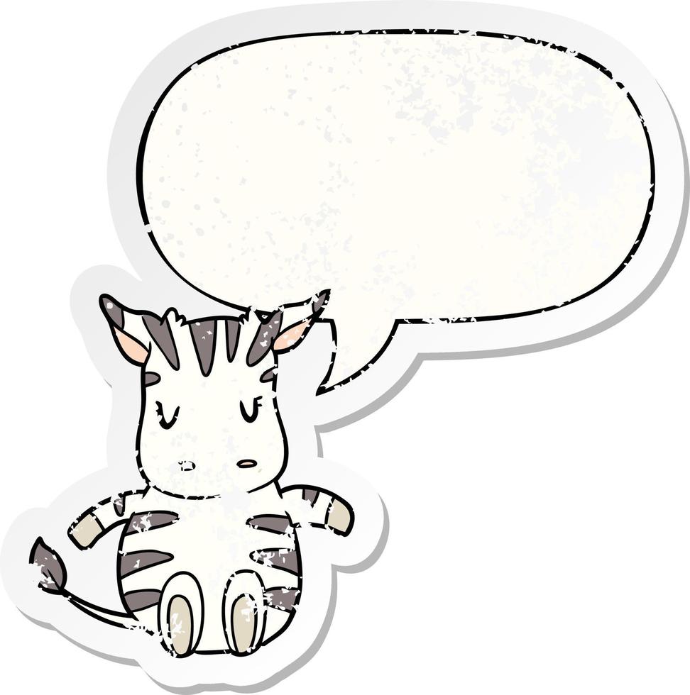 cute cartoon zebra and speech bubble distressed sticker vector