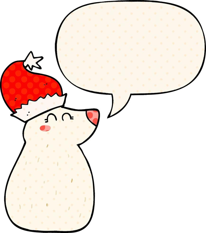 cartoon bear wearing christmas hat and speech bubble in comic book style vector