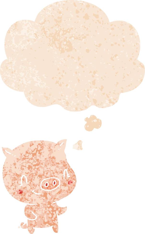 cartoon pig and thought bubble in retro textured style vector