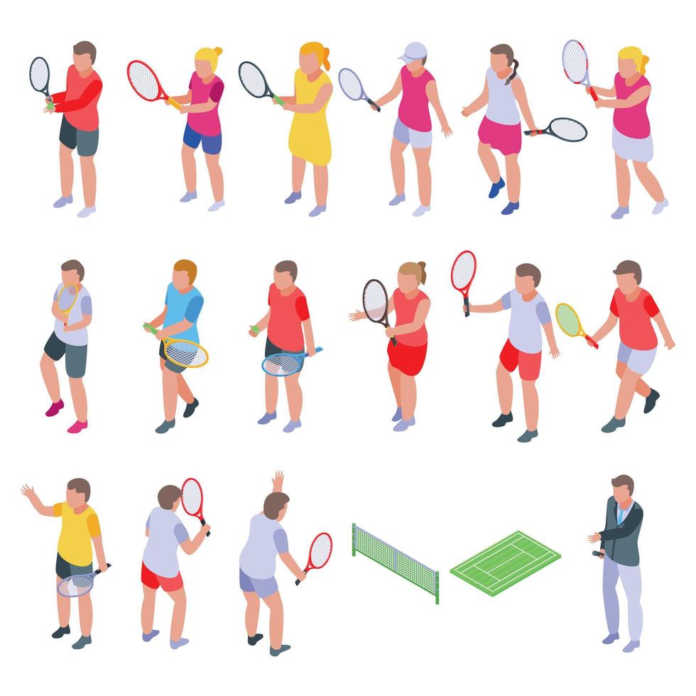 Kids playing tennis icons set, isometric style vector