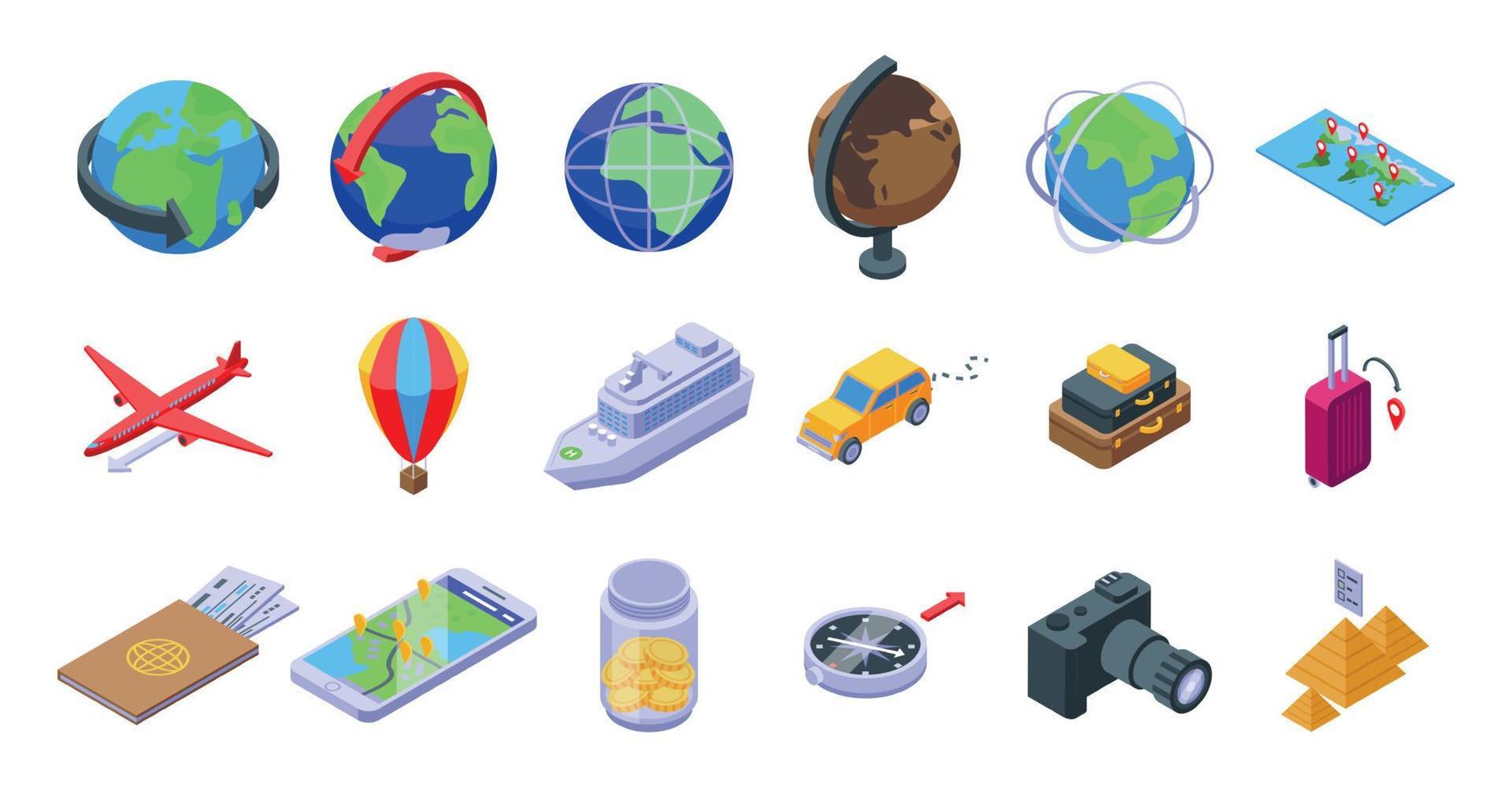 los iconos de todo el mundo establecen un vector isométrico. globo terraqueo