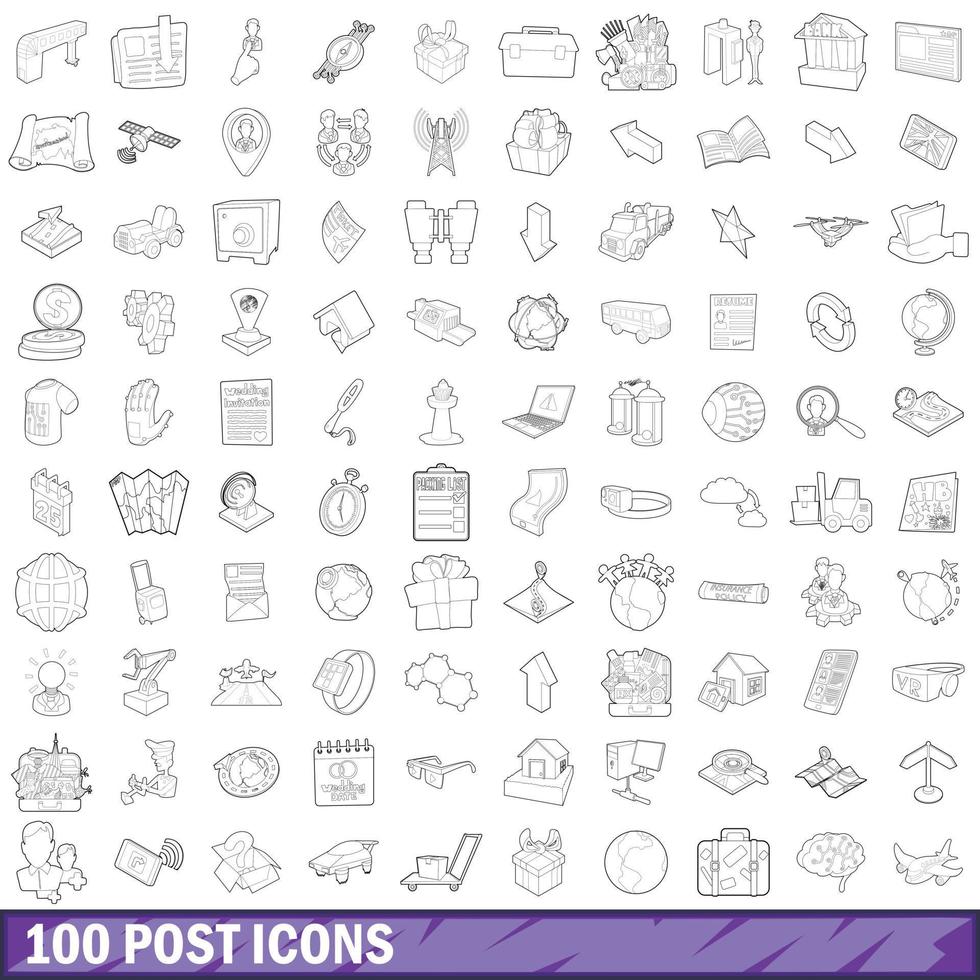 100 post icons set, outline style vector