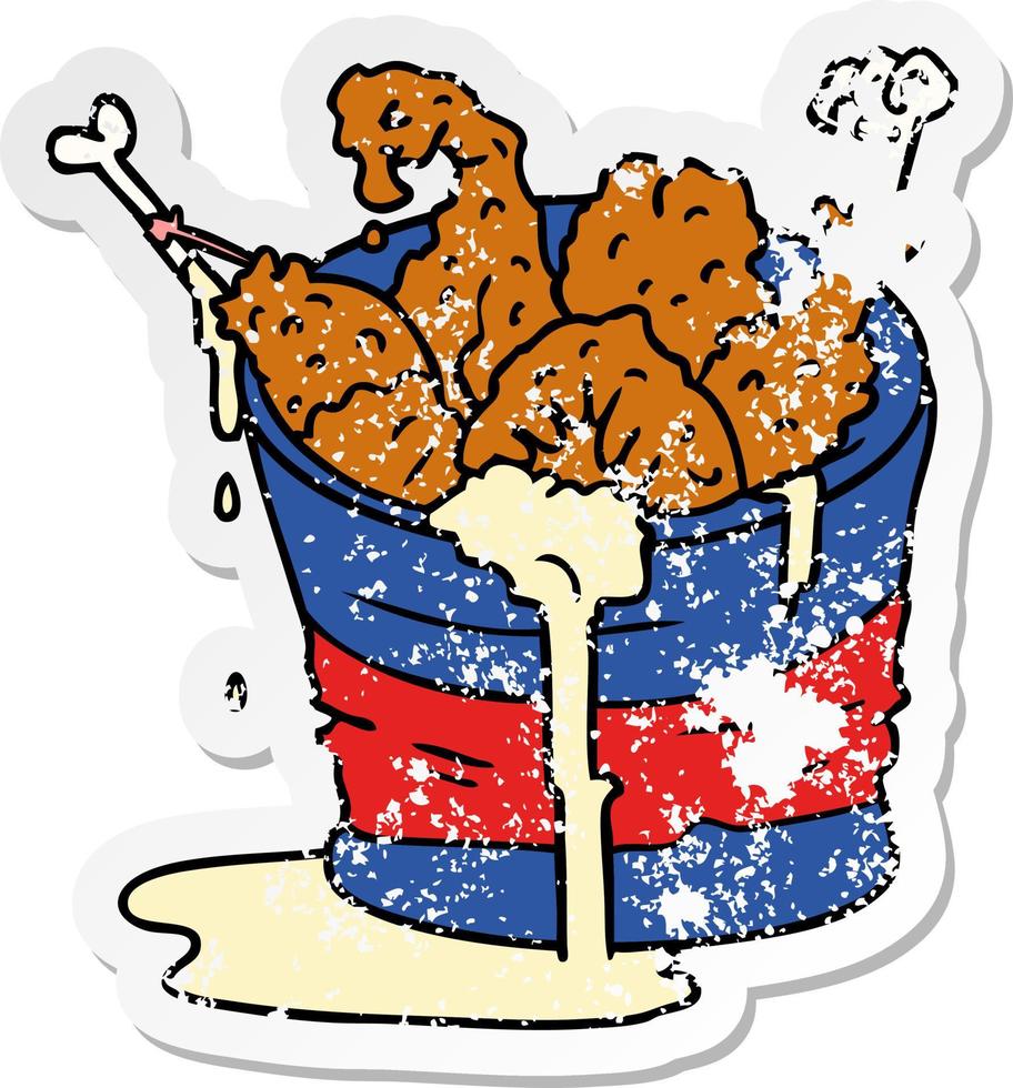 distressed sticker cartoon doodle bucket of fried chicken vector