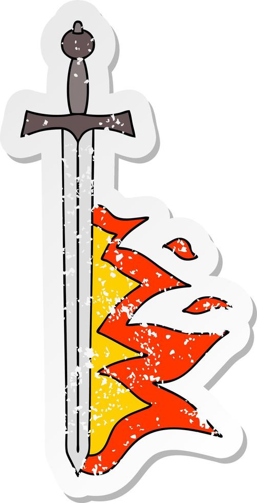 distressed sticker of a quirky hand drawn cartoon flaming sword vector