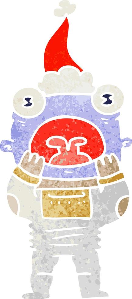 retro cartoon of a alien gasping in surprise wearing santa hat vector