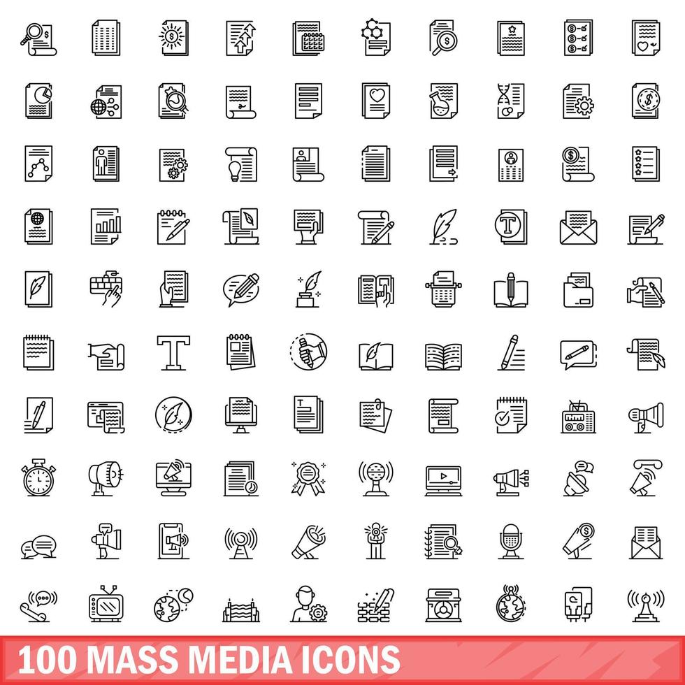 100 mass media icons set, outline style vector