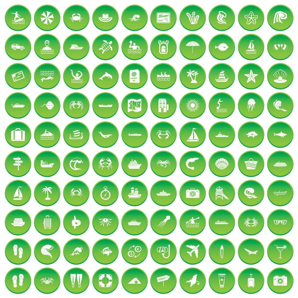 100 sea life icons set green circle vector