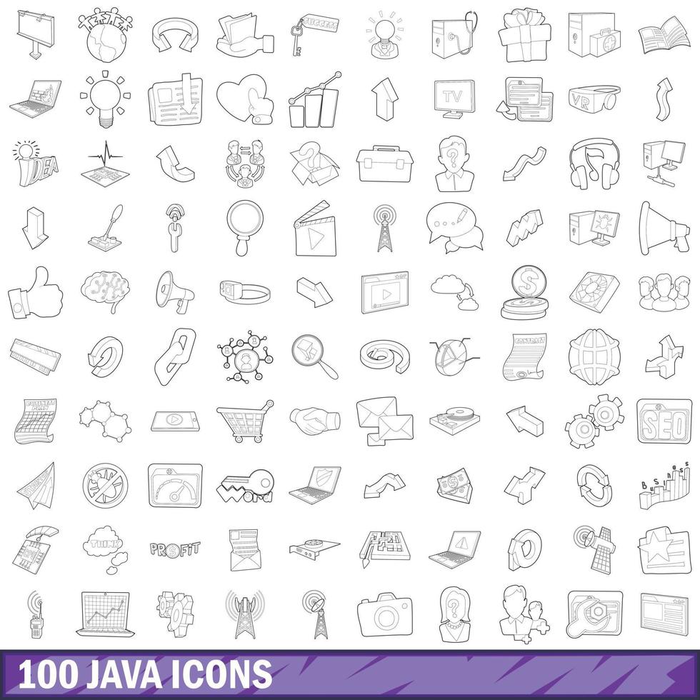 100 java icons set, outline style vector