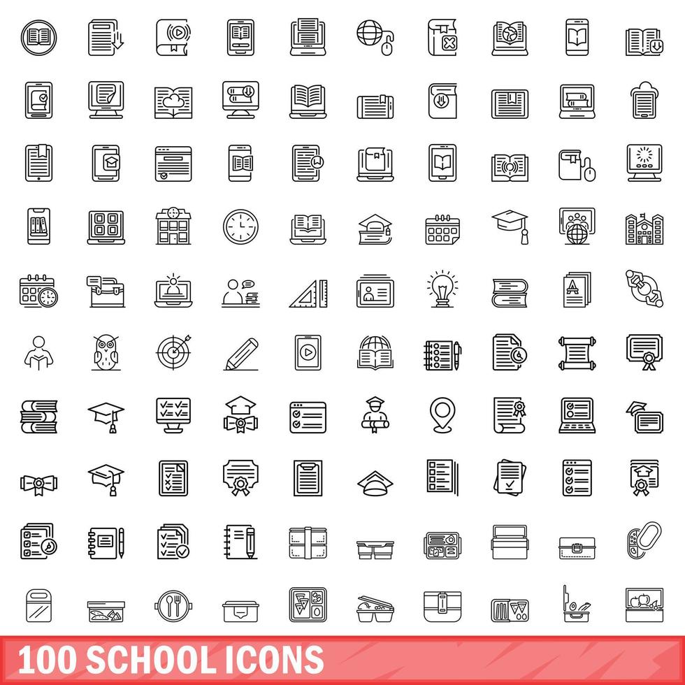 100 school icons set, outline style vector