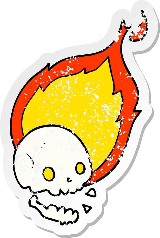 distressed sticker of a spooky cartoon flaming skull vector