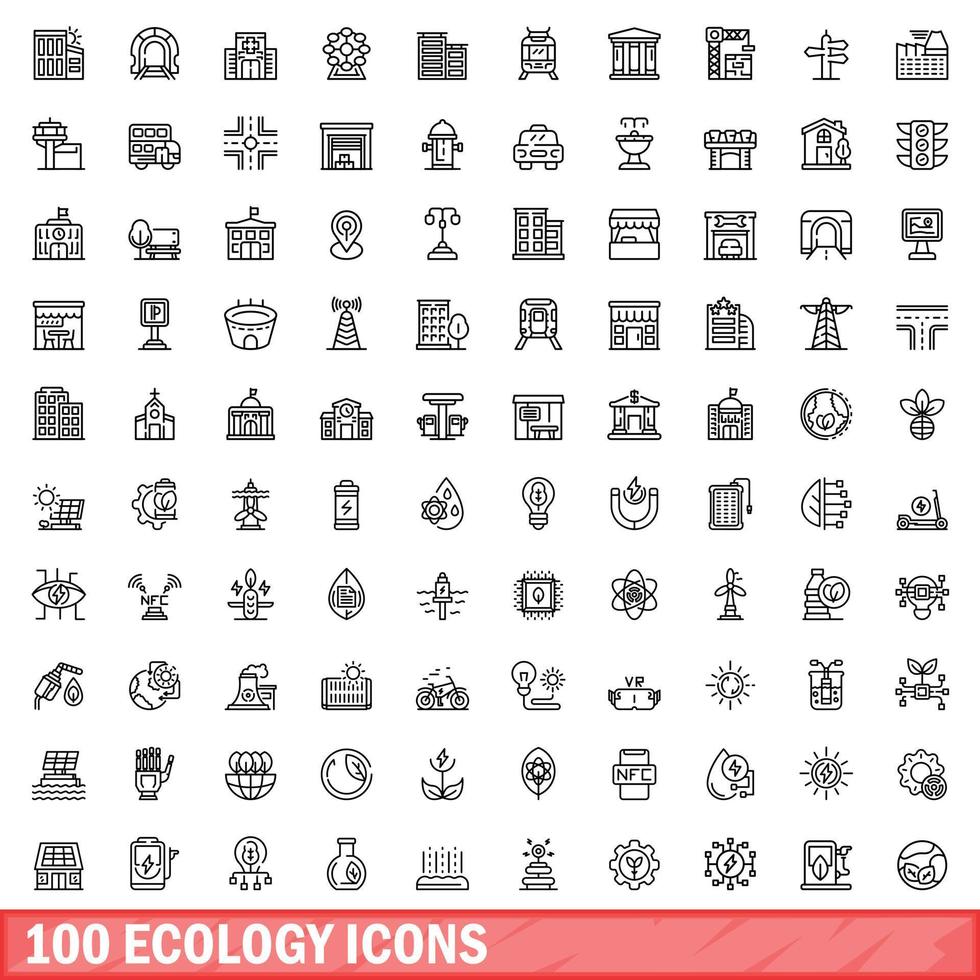 100 ecology icons set, outline style vector