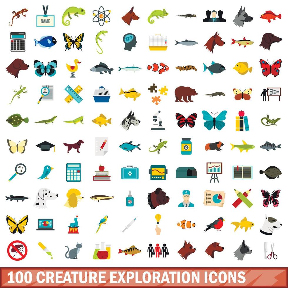 100 creature exploration icons set, flat style vector