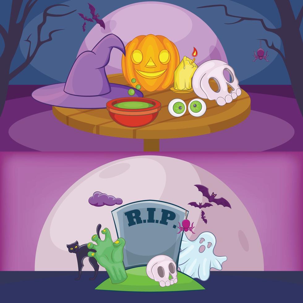 conjunto de fondos de banner de feliz halloween, dibujos animados vector