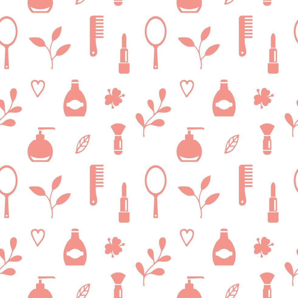 Seamless texture from cosmetics icons and floral elements, pattern, abstract background, wallpaper vector