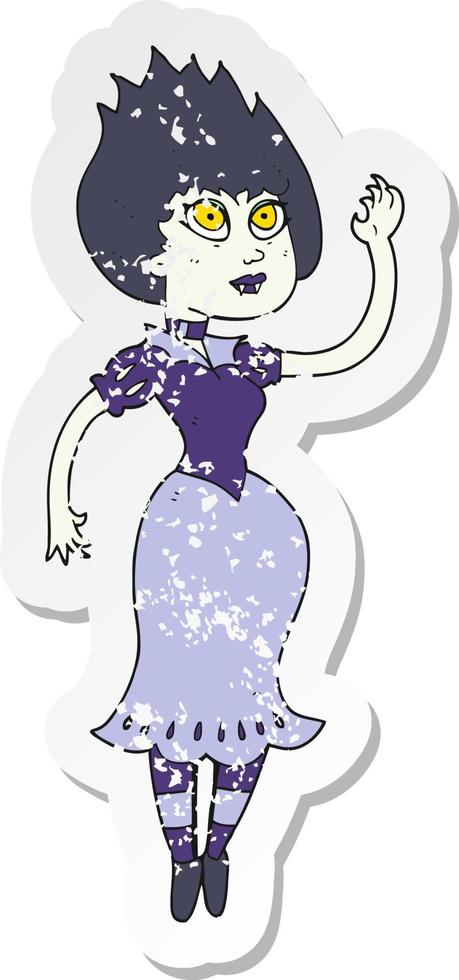retro distressed sticker of a cartoon vampire girl waving vector