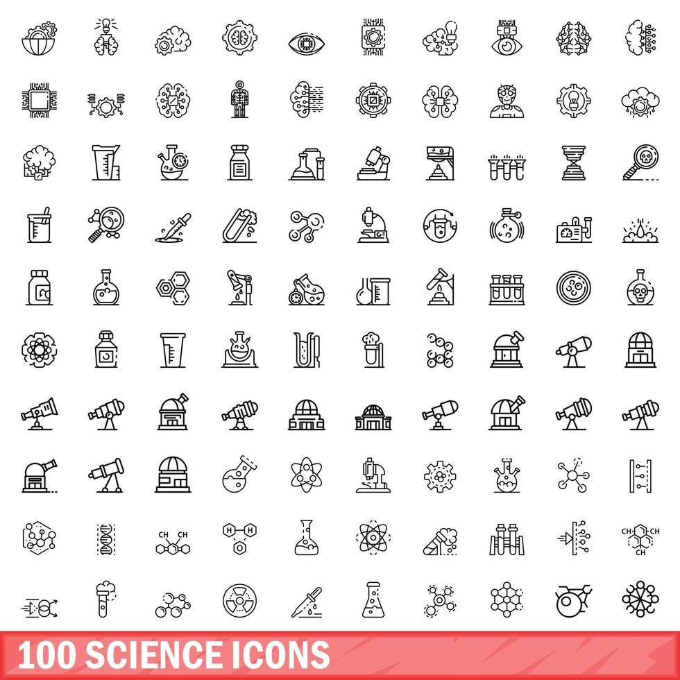 100 science icons set, outline style vector