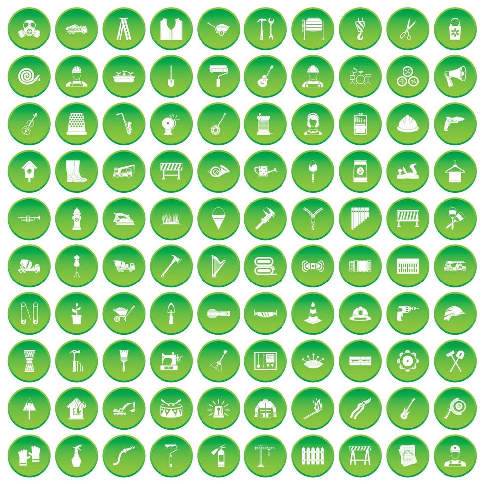 100 tools icons set green circle vector