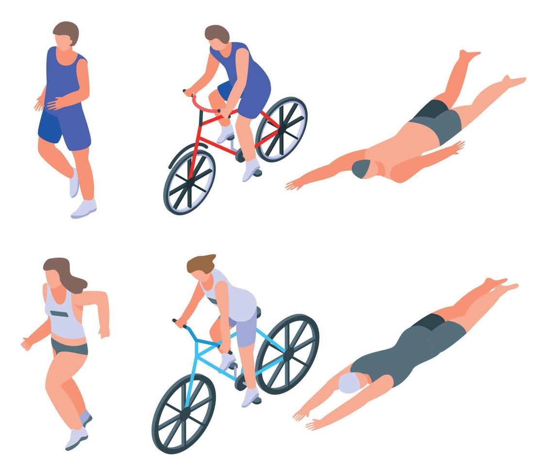 Triathlon icons set, isometric style vector