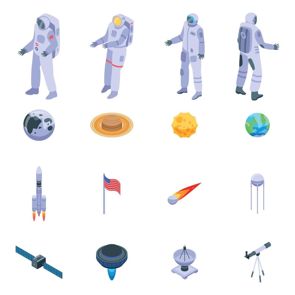 Astronaut icons set, isometric style vector