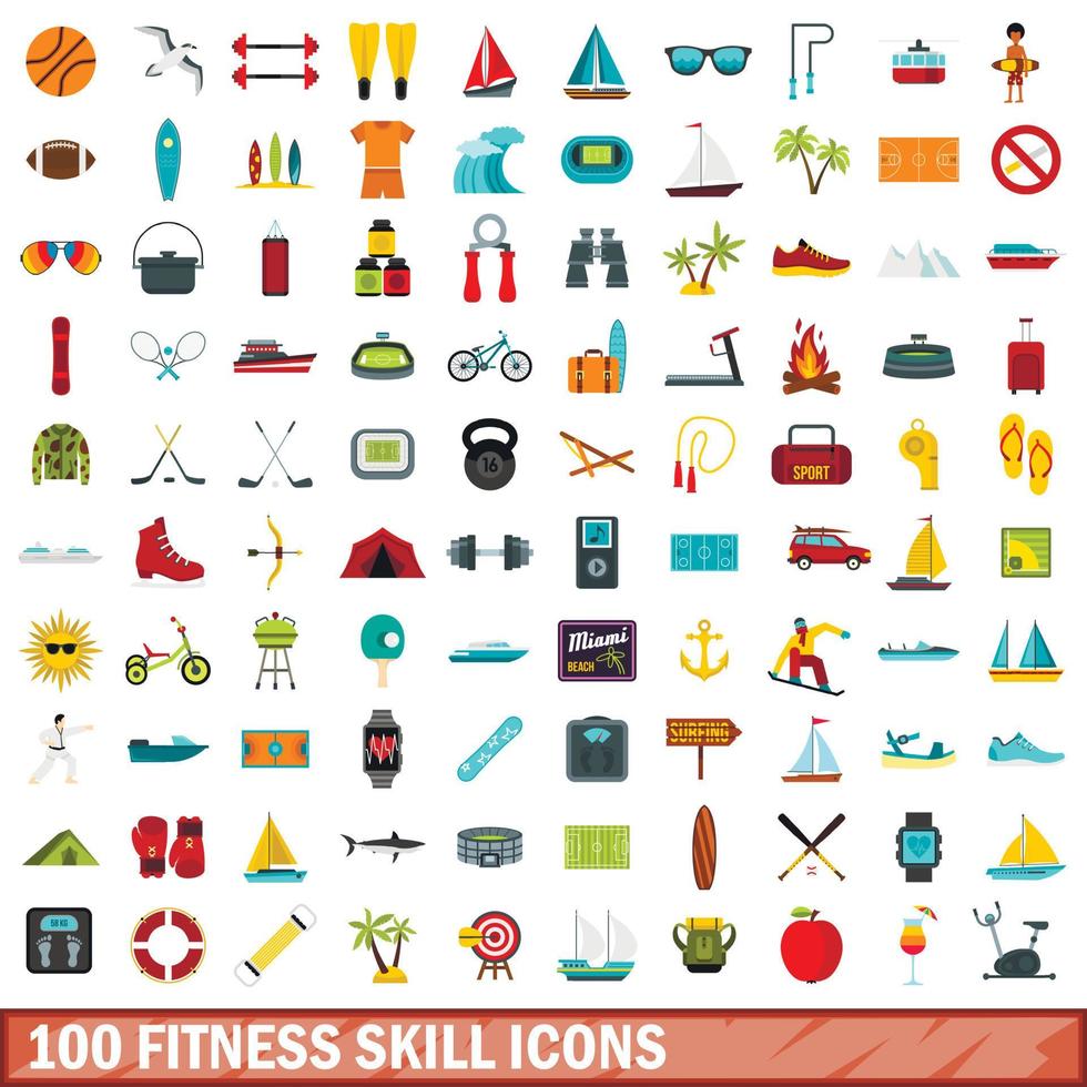 100 iconos de habilidades de fitness, estilo plano vector