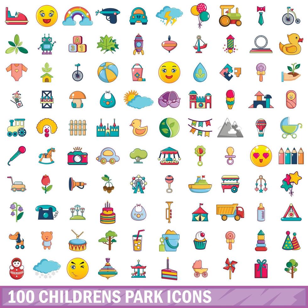 100 childrens park icons set, cartoon style vector